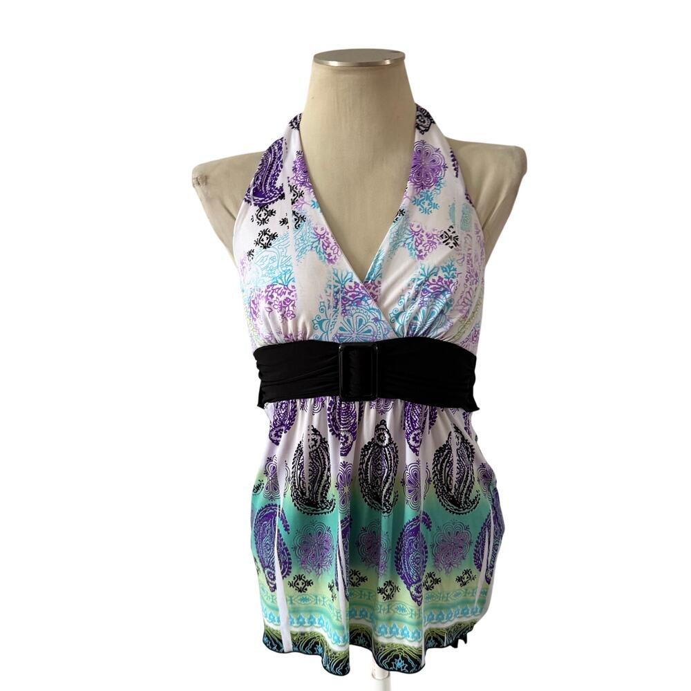 Vtg Y2K 2000s Paisley Babydoll Halter Top Sz L Boho Hippie Artsy Belt